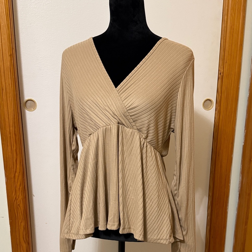 White Birch Tan Ribbed Wrap Blouse